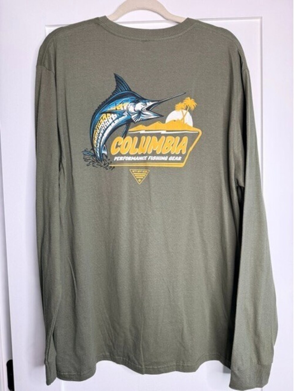 Columbia PFG Men's Long Sleeve Shirt Marlin Fishing Graphic Green Outdoor Tee